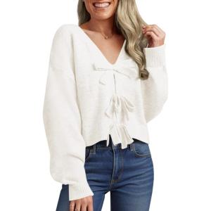 Saodimallsu Womens Bow Sweater Cropped V Neck Long Sleeve Fall Cozy Knit Loose Trendy Pullover Sweaters(White)