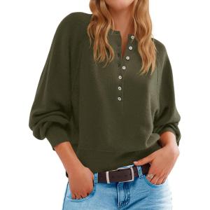 Saodimallsu Womens Button Crew Neck Sweater Fall Long Sleeve Henley Shirts Trendy Loose Knit Pullover Tops(Army Green)