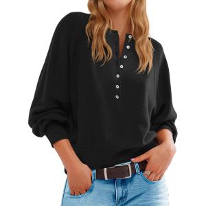 Saodimallsu Womens Button Crew Neck Sweater Fall Long Sleeve Henley Shirts Trendy Loose Knit Pullover Tops(Black)