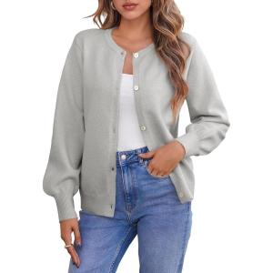 Saodimallsu Womens Button Down Cardigan Sweaters Crew Neck Long Sleeve Open Front Loose Fall Soft Knit Sweater Coats(Grey)