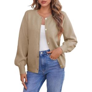 Saodimallsu Womens Button Down Cardigan Sweaters Crew Neck Long Sleeve Open Front Loose Fall Soft Knit Sweater Coats(Khaki)