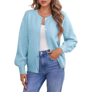Saodimallsu Womens Button Down Cardigan Sweaters Crew Neck Long Sleeve Open Front Loose Fall Soft Knit Sweater Coats(Sky Blue)