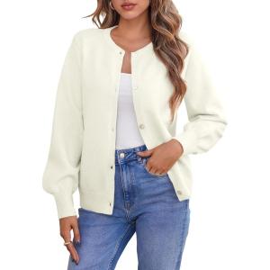 Saodimallsu Womens Button Down Cardigan Sweaters Crew Neck Long Sleeve Open Front Loose Fall Soft Knit Sweater Coats(White)
