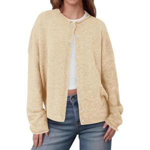 Saodimallsu Womens Button Up Cardigan Sweaters Long Sleeve Crew Neck Fall Soft Lightweight Knit Loose Sweater Tops(Apricot)