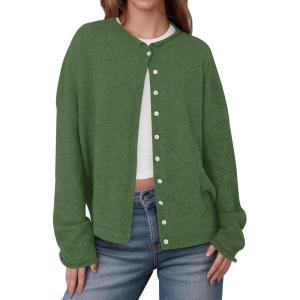 Saodimallsu Womens Button Up Cardigan Sweaters Long Sleeve Crew Neck Fall Soft Lightweight Knit Loose Sweater Tops(Army Green)