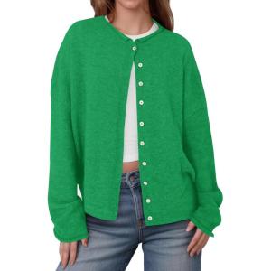 Saodimallsu Womens Button Up Cardigan Sweaters Long Sleeve Crew Neck Fall Soft Lightweight Knit Loose Sweater Tops(Green)