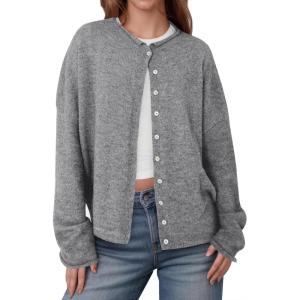 Saodimallsu Womens Button Up Cardigan Sweaters Long Sleeve Crew Neck Fall Soft Lightweight Knit Loose Sweater Tops(Grey)