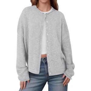 Saodimallsu Womens Button Up Cardigan Sweaters Long Sleeve Crew Neck Fall Soft Lightweight Knit Loose Sweater Tops(Light Grey)