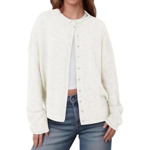 Saodimallsu Womens Button Up Cardigan Sweaters Long Sleeve Crew Neck Fall Soft Lightweight Knit Loose Sweater Tops(White)