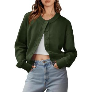 Saodimallsu Womens Button Up Cardigans Fall Trendy Crew Neck Long Sleeve Knit Cropped Sweater Jacket(Army Green)
