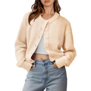 Saodimallsu Womens Button Up Cardigans Fall Trendy Crew Neck Long Sleeve Knit Cropped Sweater Jacket(Beige)