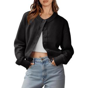 Saodimallsu Womens Button Up Cardigans Fall Trendy Crew Neck Long Sleeve Knit Cropped Sweater Jacket(Black)