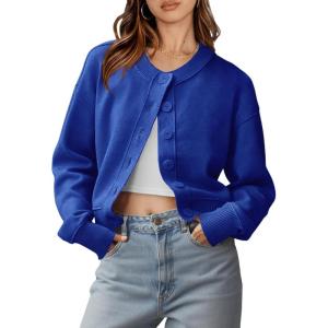 Saodimallsu Womens Button Up Cardigans Fall Trendy Crew Neck Long Sleeve Knit Cropped Sweater Jacket(Blue)