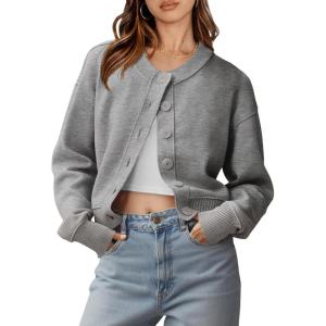 Saodimallsu Womens Button Up Cardigans Fall Trendy Crew Neck Long Sleeve Knit Cropped Sweater Jacket(Grey)