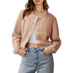 Saodimallsu Womens Button Up Cardigans Fall Trendy Crew Neck Long Sleeve Knit Cropped Sweater Jacket(Khaki)