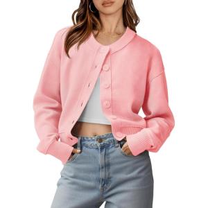 Saodimallsu Womens Button Up Cardigans Fall Trendy Crew Neck Long Sleeve Knit Cropped Sweater Jacket(Pink)