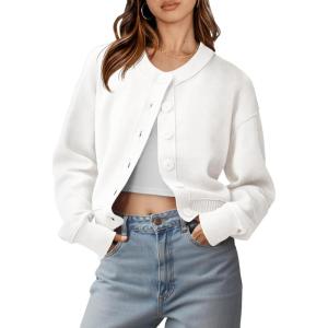 Saodimallsu Womens Button Up Cardigans Fall Trendy Crew Neck Long Sleeve Knit Cropped Sweater Jacket(White)