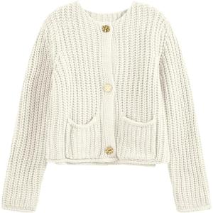 Saodimallsu Womens Button Up Sweaters Fall Chunky Knit Cropped Trendy Crewneck Loose Cardigan with Pockets(Beige)