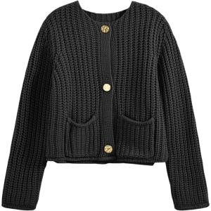 Saodimallsu Womens Button Up Sweaters Fall Chunky Knit Cropped Trendy Crewneck Loose Cardigan with Pockets(Black)