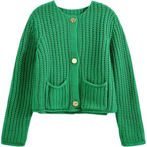 Saodimallsu Womens Button Up Sweaters Fall Chunky Knit Cropped Trendy Crewneck Loose Cardigan with Pockets(Green)