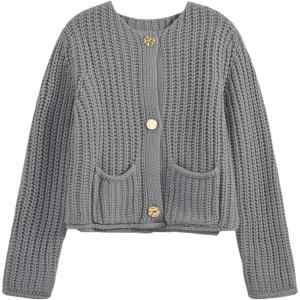 Saodimallsu Womens Button Up Sweaters Fall Chunky Knit Cropped Trendy Crewneck Loose Cardigan with Pockets(Grey)