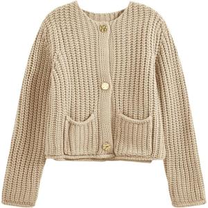 Saodimallsu Womens Button Up Sweaters Fall Chunky Knit Cropped Trendy Crewneck Loose Cardigan with Pockets(Khaki)