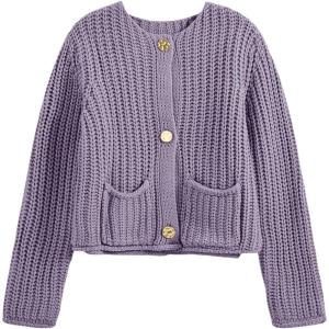 Saodimallsu Womens Button Up Sweaters Fall Chunky Knit Cropped Trendy Crewneck Loose Cardigan with Pockets(Light Purple)
