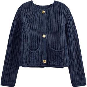 Saodimallsu Womens Button Up Sweaters Fall Chunky Knit Cropped Trendy Crewneck Loose Cardigan with Pockets(Navy)