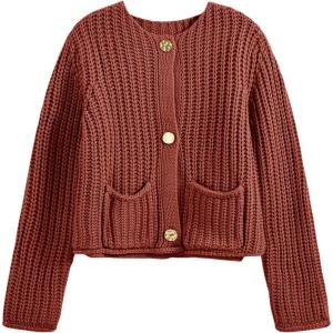 Saodimallsu Womens Button Up Sweaters Fall Chunky Knit Cropped Trendy Crewneck Loose Cardigan with Pockets(Orange Red)