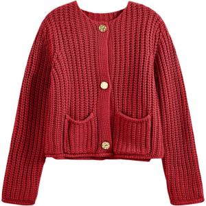 Saodimallsu Womens Button Up Sweaters Fall Chunky Knit Cropped Trendy Crewneck Loose Cardigan with Pockets(Red)