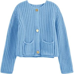 Saodimallsu Womens Button Up Sweaters Fall Chunky Knit Cropped Trendy Crewneck Loose Cardigan with Pockets(Sky Blue)