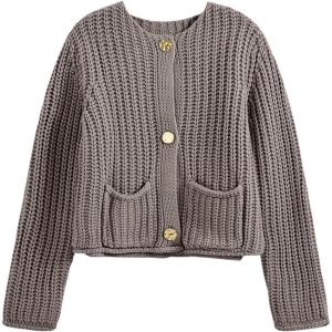 Saodimallsu Womens Button Up Sweaters Fall Chunky Knit Cropped Trendy Crewneck Loose Cardigan with Pockets(Taupe)