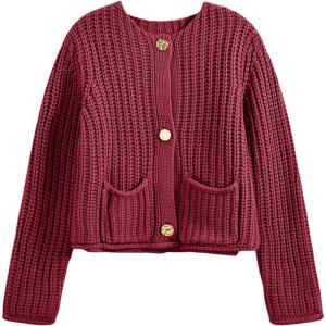 Saodimallsu Womens Button Up Sweaters Fall Chunky Knit Cropped Trendy Crewneck Loose Cardigan with Pockets(Wine Red)
