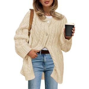 Saodimallsu Womens Cable Knit Cardigan Sweaters Chunky Button Up Long Sleeve Crew Neck Warm Loose Sweater Dress(Apricot)