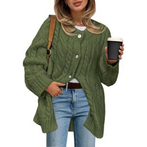 Saodimallsu Womens Cable Knit Cardigan Sweaters Chunky Button Up Long Sleeve Crew Neck Warm Loose Sweater Dress(Army Green)