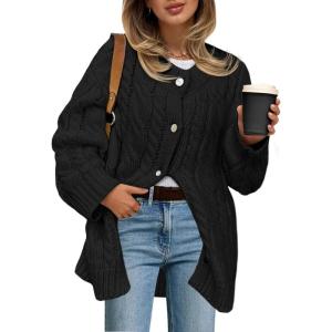 Saodimallsu Womens Cable Knit Cardigan Sweaters Chunky Button Up Long Sleeve Crew Neck Warm Loose Sweater Dress(Black)
