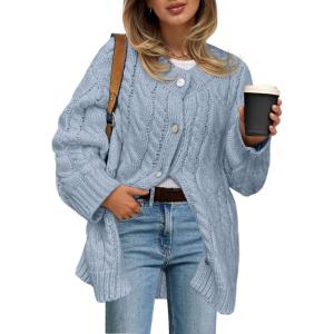 Saodimallsu Womens Cable Knit Cardigan Sweaters Chunky Button Up Long Sleeve Crew Neck Warm Loose Sweater Dress(Blue Grey)