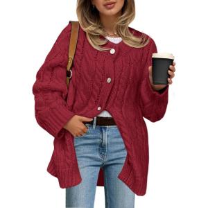 Saodimallsu Womens Cable Knit Cardigan Sweaters Chunky Button Up Long Sleeve Crew Neck Warm Loose Sweater Dress(Burgundy)