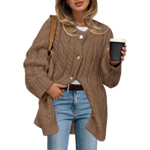 Saodimallsu Womens Cable Knit Cardigan Sweaters Chunky Button Up Long Sleeve Crew Neck Warm Loose Sweater Dress(Coffee)