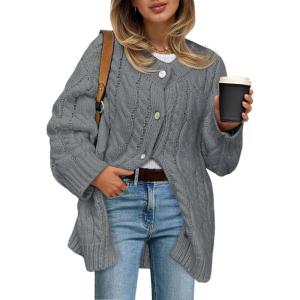 Saodimallsu Womens Cable Knit Cardigan Sweaters Chunky Button Up Long Sleeve Crew Neck Warm Loose Sweater Dress(Grey)