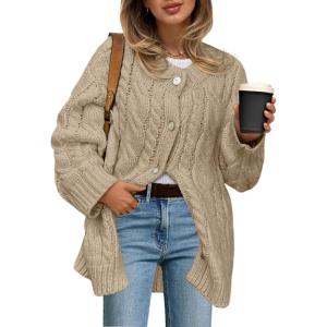 Saodimallsu Womens Cable Knit Cardigan Sweaters Chunky Button Up Long Sleeve Crew Neck Warm Loose Sweater Dress(Khaki)