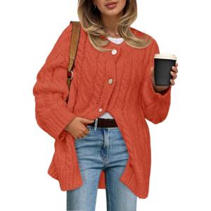 Saodimallsu Womens Cable Knit Cardigan Sweaters Chunky Button Up Long Sleeve Crew Neck Warm Loose Sweater Dress(Orange)
