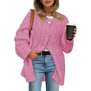 Saodimallsu Womens Cable Knit Cardigan Sweaters Chunky Button Up Long Sleeve Crew Neck Warm Loose Sweater Dress(Pink)