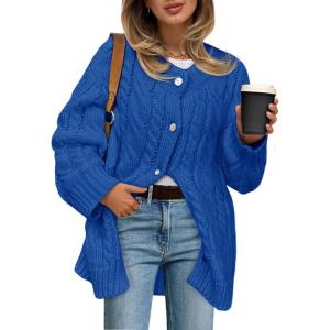Saodimallsu Womens Cable Knit Cardigan Sweaters Chunky Button Up Long Sleeve Crew Neck Warm Loose Sweater Dress(Royal Blue)