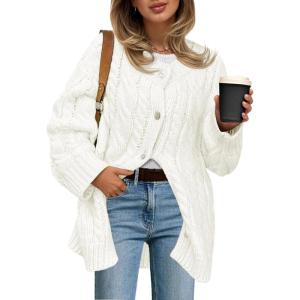 Saodimallsu Womens Cable Knit Cardigan Sweaters Chunky Button Up Long Sleeve Crew Neck Warm Loose Sweater Dress(White)