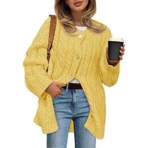 Saodimallsu Womens Cable Knit Cardigan Sweaters Chunky Button Up Long Sleeve Crew Neck Warm Loose Sweater Dress(Yellow)