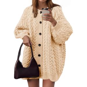 Saodimallsu Womens Cable Knit Cardigans Oversized Chunky Button Down Long Lantern Sleeve Crew Neck Warm Sweater Dress(Apricot)