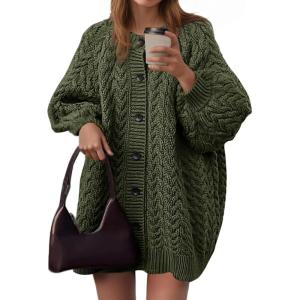 Saodimallsu Womens Cable Knit Cardigans Oversized Chunky Button Down Long Lantern Sleeve Crew Neck Warm Sweater Dress(Army Green)