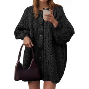 Saodimallsu Womens Cable Knit Cardigans Oversized Chunky Button Down Long Lantern Sleeve Crew Neck Warm Sweater Dress(Black)