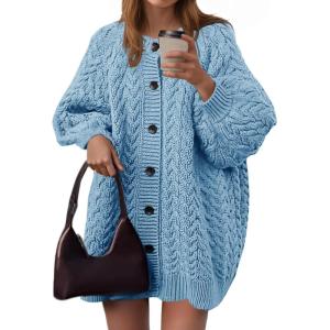 Saodimallsu Womens Cable Knit Cardigans Oversized Chunky Button Down Long Lantern Sleeve Crew Neck Warm Sweater Dress(Blue)